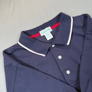 IZOD Tennis Racket Polo Mens Large Navy Blue Tipped Collar Sporty Casual Shirt
